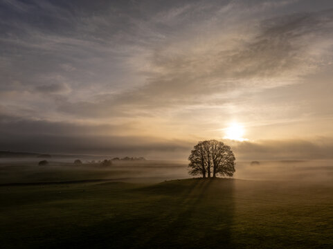 Misty Morning Drone Shot Sunrise Eshton Nr Malham, UK
