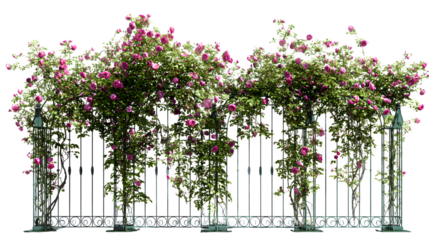 A wrought iron trellis with climbing rose vines, isolated on Transparent background