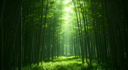 Obraz premium Green Bamboo Forest Illustration With Sunlight Path For Background