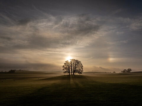 Misty Morning Drone Shot Sunrise Eshton Nr Malham, UK