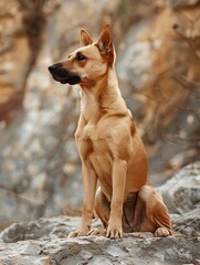 Alert Tan Dog Portrait Outdoor Photo Sitting On Rocks In Nature