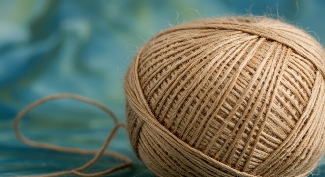 Photorealistic close-up of a loosely wound ball of natural fiber yarn. Crafting blogs or shops, articles on storytelling or connection, visuals for therapy or problem-solving (unraveling)