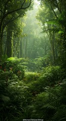 Fototapeta premium Green Forest Landscape With Sunlight Lush Foliage Nature Image