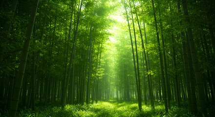 Obraz premium Green Forest Sunlight Illustration With Bamboo Trees And Natural Landscape