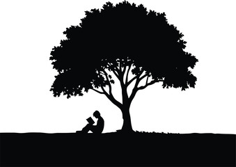 Silhouette of a person reading a book under a shaded tree against a white background