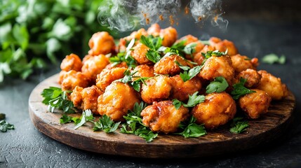 Fototapeta premium Golden crispy fried chicken a rustic wooden platter with steaming aromatic herbs and spices floating above surrounded by fresh garnishes and earthy tones