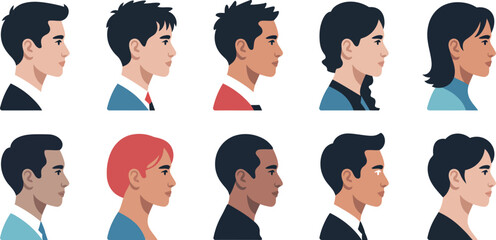 Diverse collection of profiles in a flat style illustrating portraits and characters
