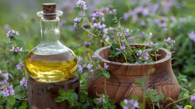 cumin essential oil and mortar. Selective focus