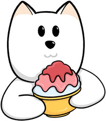 cute white dog eating Sweet and cold shaved ice