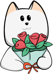 adorable cartoon dog holding Bouquet of roses