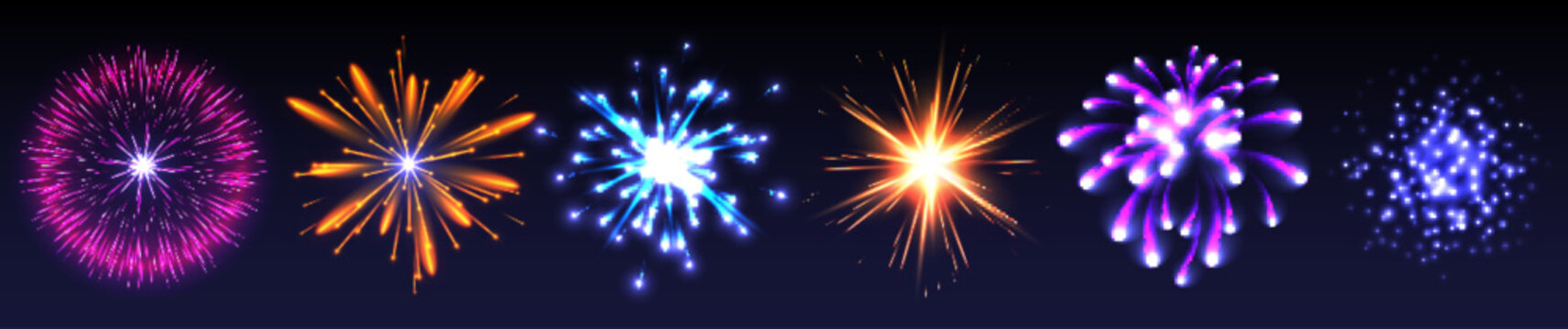 Firework explosion effects set isolated on black background. Vector realistic illustration of firecracker sparkles, neon color light sparks in night sky, holiday celebration symbol, bomb explosion