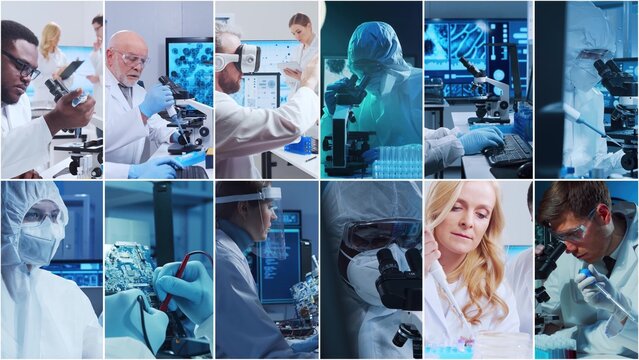 Technology and medical concept. Scientists, lab equipment and microscopes in biomedical innovations and clinical studies. Ideal for educational content. Vertical videos.