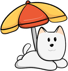 cute dog relaxing under beach umbrella