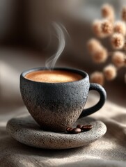Fototapeta premium Steaming Coffee Cup with Beans: Warm Drink Still Life for Morning and Cafe Concepts