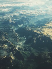 Aerial View: Misty Mountain Range.
