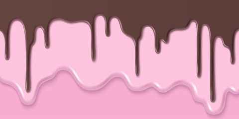 Melting fruit and chocolate ice cream texture. Vector realistic illustration of liquid sweet flow, brown and pink paint splash, seamless dessert glaze border, creamy yogurt, choco frosting layer