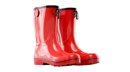 Isolated pair of rain boots with glossy finish, standing upright, photorealistic, Transparent background