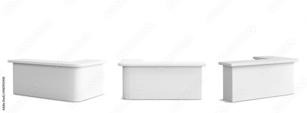 Poster reception tables set - white modern desk counters for office, hotel lobby or store. curved rectangle
