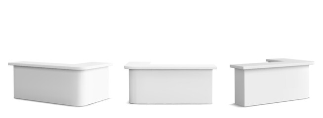 Reception tables set - white modern desk counters for office, hotel lobby or store. Curved rectangle shapes with smooth edges, blank surface countertop and front side. 3d mockup from various angles.
