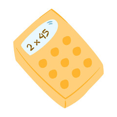 Calculator math device doodle hand drawn icon. Outline drawing yellow calculator clipart symbol.