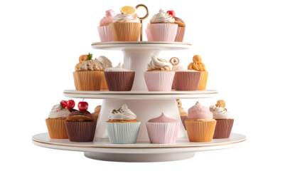 Isolated multi-tier cupcake stand with pastel desserts, elegant display, photorealistic, Transparent background