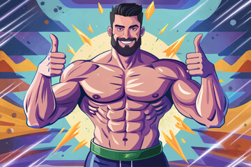 Muscular man with a perfect physique giving thumbs up gesture, symbolizing strength, fitness, motivation, and positive lifestyle. Ideal for gym, bodybuilding, health, and wellness vector