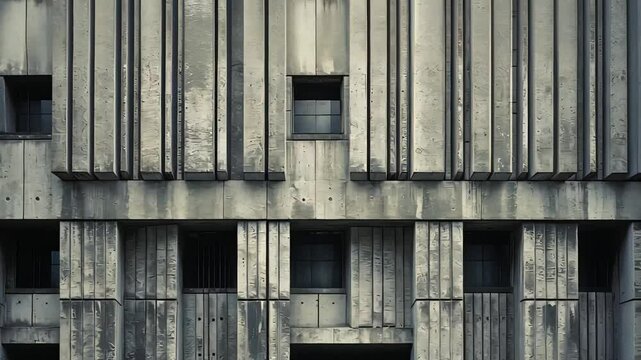 Close-up view of a Brutalist architectural building showing rough concrete texture and a series of window openings in a geometric pattern.

