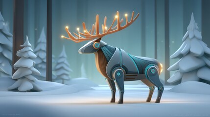 AI-Forest Guardians concept. A robotic centaur with antler antennas patrolling a snowy forest landscape