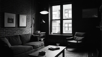 Dark loft apartment living room, sunlight, city view