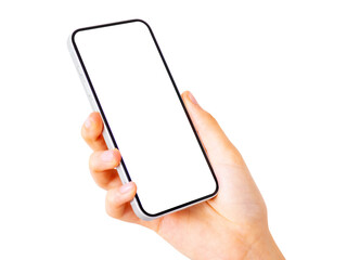 Isolated modern mobile phone in hand, screen mockup