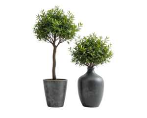 Two artificial shrubs in dark gray pots presented as a design element.  A muted color palette with a  background is featured.