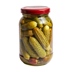 Pickled cucumber in glass jar on a transparent background