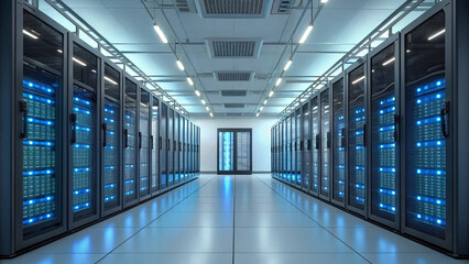 Data center server room with server racks for cloud computing and data storage it infrastructure