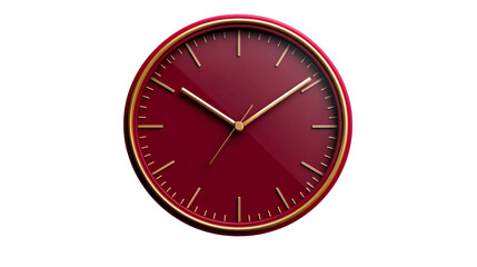 Crimson faced golden rim wall clock, time abstract object, cut out transparent