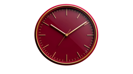 Crimson faced golden rim wall clock, time abstract object, cut out transparent