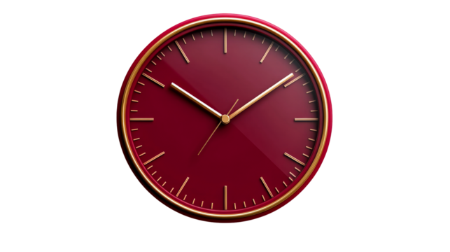 Crimson faced golden rim wall clock, time abstract object, cut out transparent - Powered by Adobe