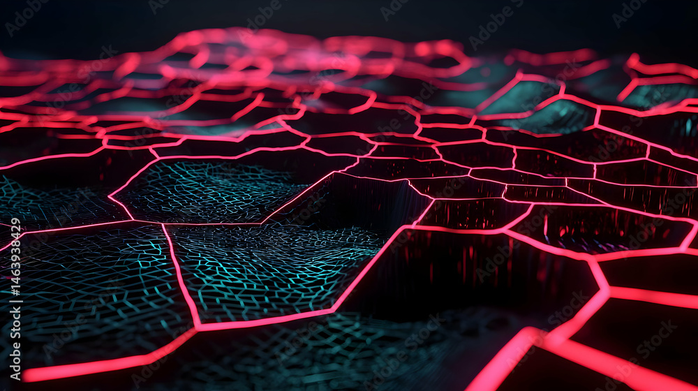 Poster abstract hexagonal geometric pattern with red neon light
