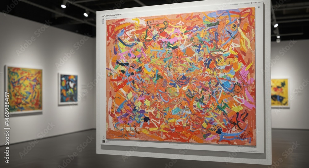Aufkleber modern abstract art exhibition with colorful paintings displayed in a gallery setting