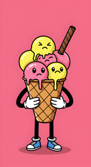 Pixelated Cartoon Ice Cream Character Illustration With Pink Background