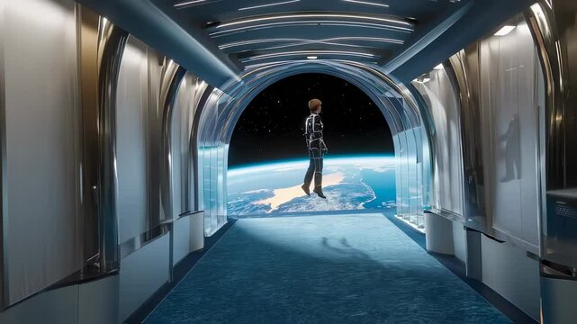 Corridor of space hotel arcs above planet, space hotel windows display swirling clouds, space hotel carpet muffles traveler steps, space hotel defines luxury orbit. Concept of awe‑inspired lodging.