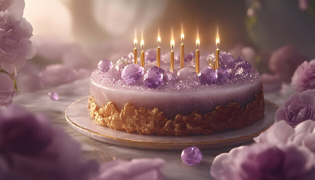 Purple crystal birthday cake with candles and flowers