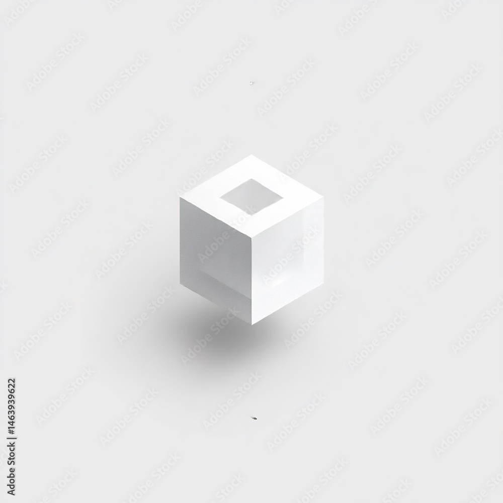 Poster minimalist geometric composition featuring a translucent cube with central void