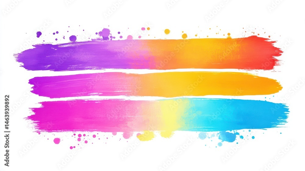 Poster three colorful brush strokes with paint splatters on a clean, white backdrop. perfect for adding vib
