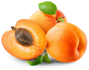 Apricot png. Apricots with a half an leaves isolated on white or transparent background. Apricot with kernel no background. Full depth of field. Transparent png.