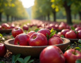Fresh Red Apples with Dew in Orchard Harvest Setting with Leaves and Natural Ground Background