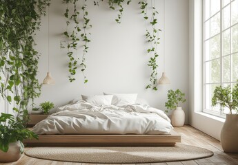 Minimalist Bedroom with Lush Greenery and Natural Light