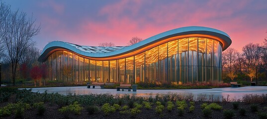 Obraz premium Urban commercial hub sculptural metal canopy recycled beam structure landscaped courtyard benches in sunrise mist