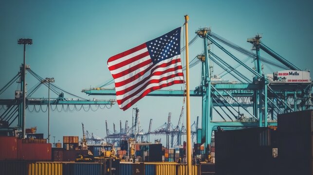 American flag waves proudly over a bustling port, showcasing numerous cargo containers and large cranes against a clear sky - Powered by Adobe