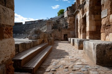 Ancient Roman Amphitheater: Sunlit Stone Pathway and Wooden Seats