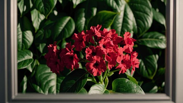 Red hydrangea flowers framed by glossy green leaves bring focus to beauty love appreciation abundance intention fostering gratitude vibrant energy positivity home decoration